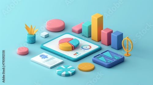 A 3D illustration of colorful charts and graphs representing data analysis.