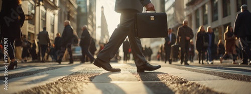 Close-up of legs Businessman or Successful man crossing the street on the crosswalk and holding a laptop bag in the city. Traveling, getting a promotion, finding a new job, increasing skill.