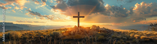 Early morning light breaks around a rugged cross, creating a powerful and dramatic scene of inspiration at sunrise photo