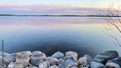 City Shoreline of Lake Monona in Madison Wisconsin after sunset photo