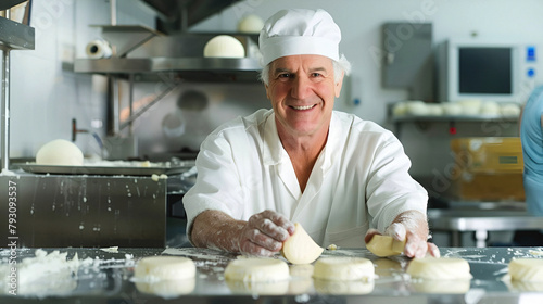 A smiling elderly man cheese maker inspects freshly prepared cheese circles on a stainless steel countertop