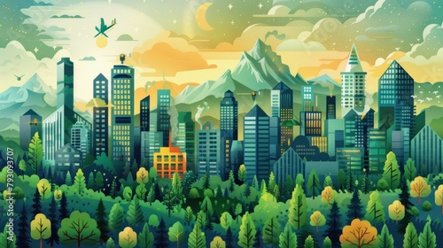 A beautiful digital painting of a city surrounded by mountains. The sky is a gradient of orange and yellow, and the city is filled with green trees and buildings.