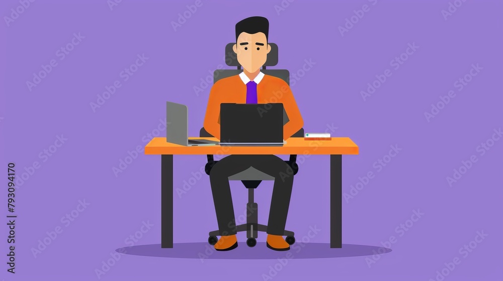 Man at desk with laptop and headphones against purple backdrop Man at desk with laptop and headphones against purple backdrop