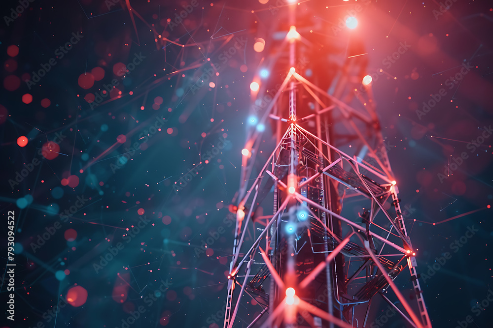 A futuristic wireframe-based visualization with a 5G tower against a ...