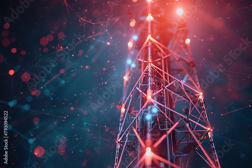 A futuristic wireframe-based visualization with a 5G tower against a glowing translucent background, showcasing advanced telecommunications technology in a digital environment.