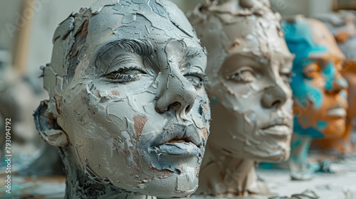 A clay sculpture of a woman's head with paint on it.