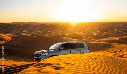 Dubai desert safari in sunset light. Off road safari in sand desert, Empty Quarter Desert in United Arab Emirates. Offroader on dunes in Rub’ al Khali desert. photo