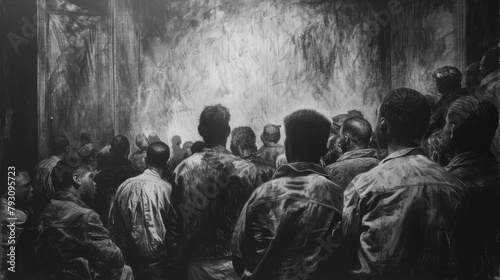 A crowd of men in a dark room, watching something.