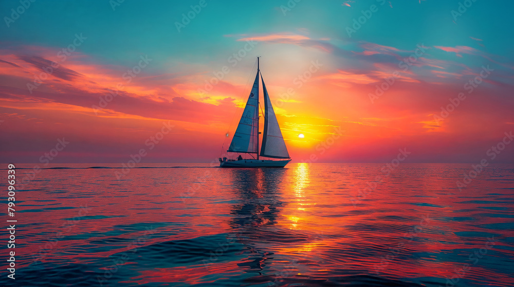 Alone sailboat drifts on a calm sea with scarlet sunset on the background. A romantic escape to paradise awaits. Ideal for travel posters, wedding invitations, and promoting unforgettable getaways.