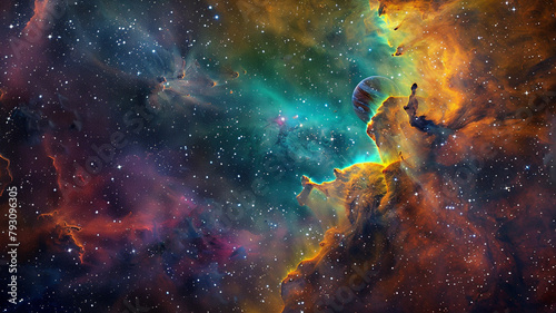 The breathtaking spectacle of a nebula, awash with colors, serving as the dramatic backdrop for a planet's silent orbit within a star-studded expanse
