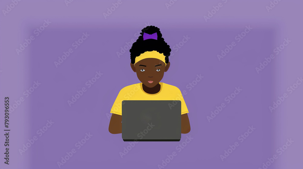   A woman sits in front of a laptop with an Apple logo placed on her head against a purple background