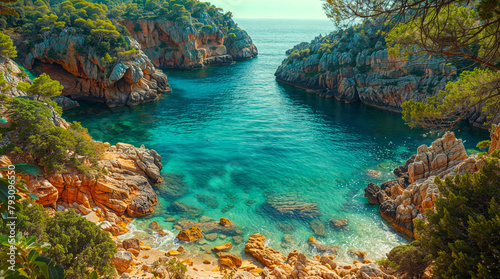Tranquil turquoise water fills a scenic bay framed by beautiful cliffs. Perfect for travel promotional materials, covers, environmental conservation themes, inspirational wallpapers.