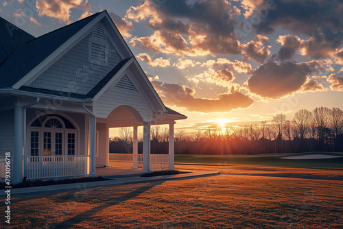 Tranquil sunset casting shadows over a new clubhouse with a white porch and gable roof with semi-circle window. photo