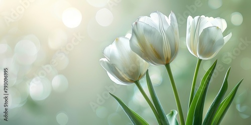 Elegant white tulips with a translucent glow against a sparkling bokeh background © Roman Korneev