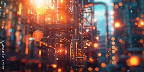 Illuminated industrial structure with intricate piping and bokeh light effects