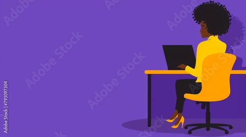   Woman at desk with laptop, purple wall behind
