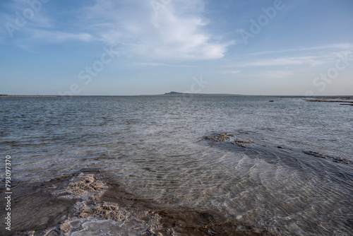 beautiful scenery on Mount Bogdo in the Baskunchaksky Nature Reserve against the backdrop of the lake on a spring day photo