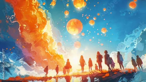 A group of people are walking on a cliff. The sky is filled with glowing lanterns. © Sodapeaw