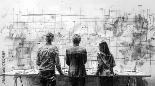 A group of people looking at a large drawing of a complex system.