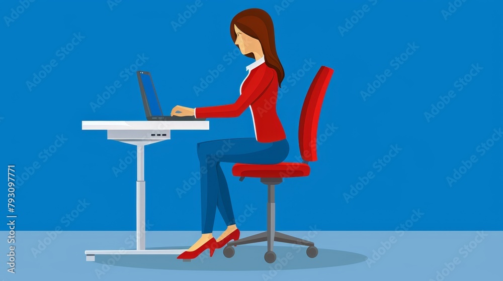 A woman sits at a desk, laptop in front, red chair nearby A woman sits at a desk, laptop in front, red chair nearby