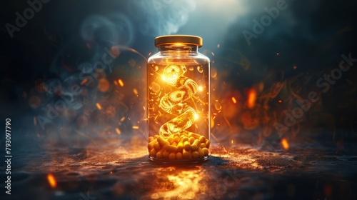 A jar filled with glowing fireflies on a bed of embers photo