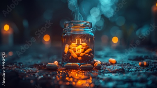 A jar of pills with a glowing cross on the side. The jar is sitting on a dark surface with smoke coming out of it. There are also some pills scattered around the jar. photo