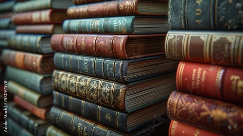 A library of old books with leather covers