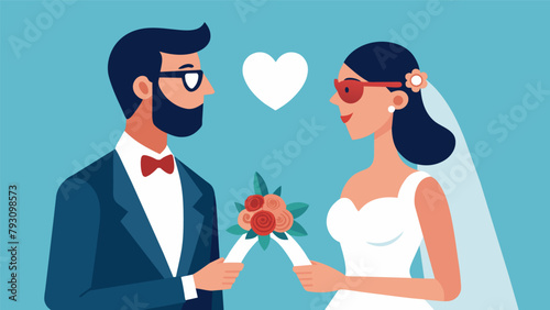 A bride and groom exchanging vows both wearing matching elegant glasses from the designer eyewear collection to make a statement on their special day..