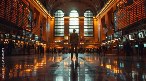 A man standing in the middle of a busy train station. photo