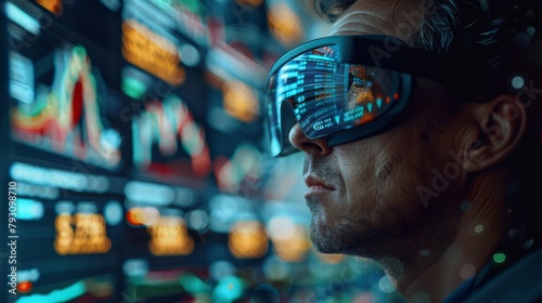 A man wearing a futuristic visor looks at a large screen ofGu Piao market data.