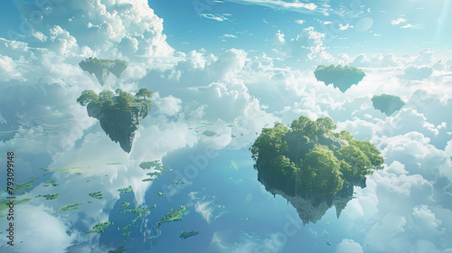 A serene landscape of floating islands in the sky, each island representing a tranquil mind in a sea of clouds