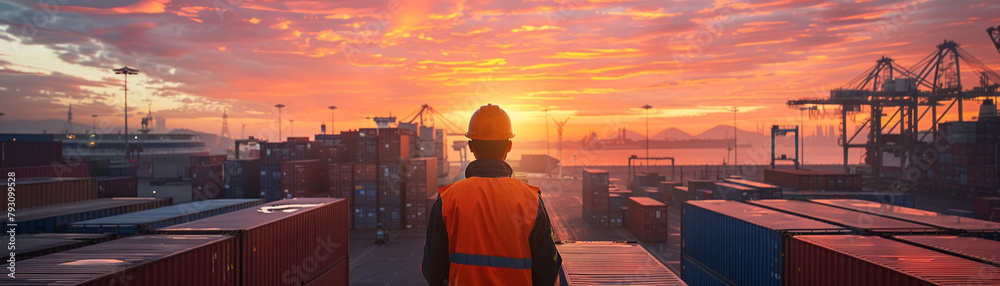 Early morning at a shipping yard where a worker overlooks containers as the sunrise paints the sky Early morning at a shipping yard where a worker overlooks containers as the sunrise paints the sky