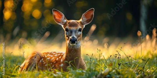 Curious and graceful young deer resting peacefully in an autumnal forest meadow with vibrant fall foliage and a serene atmosphere © Thares2020