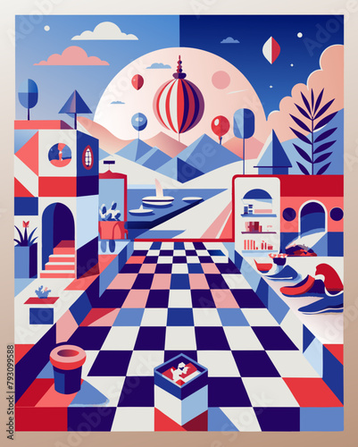Surreal Landscape with Checkerboard Floor and Geometric Shapes