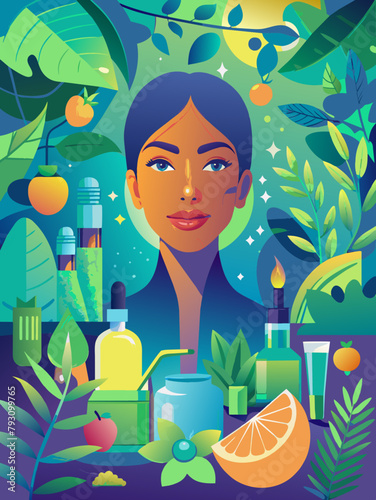 Vibrant Illustration of Woman Surrounded by Nature and Organic Products