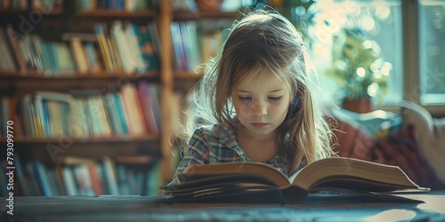 The young girl deeply engrossed in an educational book in the family library surrounded by bookshelves and natural light exploring themes of family photo