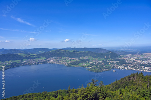 Panoramic view of water castle Schloss Ort Orth on lake Traunsee in Gmunden Austria summertime