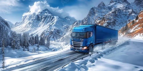 Majestic Blue Truck Braving Snowy Road