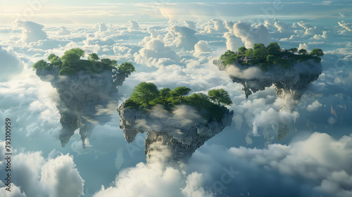 A serene landscape of floating islands in the sky, each island representing a tranquil mind in a sea of clouds