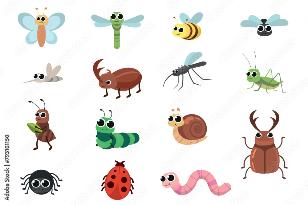 Insects set flat design. Cute cartoon bugs, snail, butterfly, warm, bee. Childish illustration. Insects set flat design. Cute cartoon bugs, snail, butterfly, warm, bee. Childish illustration.