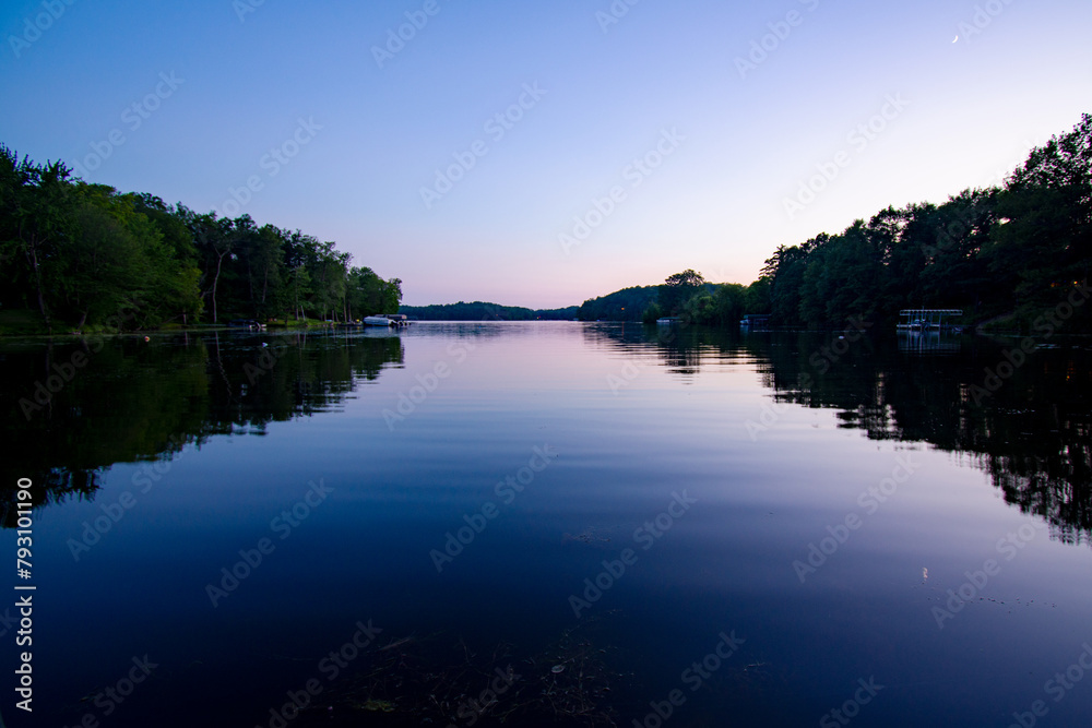 View  from shoreline of a northern lake in Washburn County, Wisconsin, in the evening.