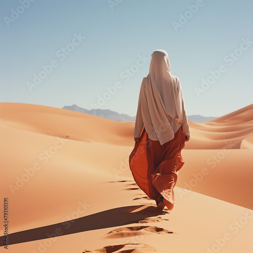 abudhabi, saudi, arabien, islam, mann, frau, laufen, sonne, sand, heiß, verschleiert, gewand, religion, tradition, wüste, sand, düne, landschaft, natur, himmel, sahara, frau, abtrocknen, anreisen, dün photo