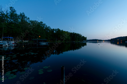 View  from shoreline of a northern lake in Washburn County, Wisconsin, in the evening.