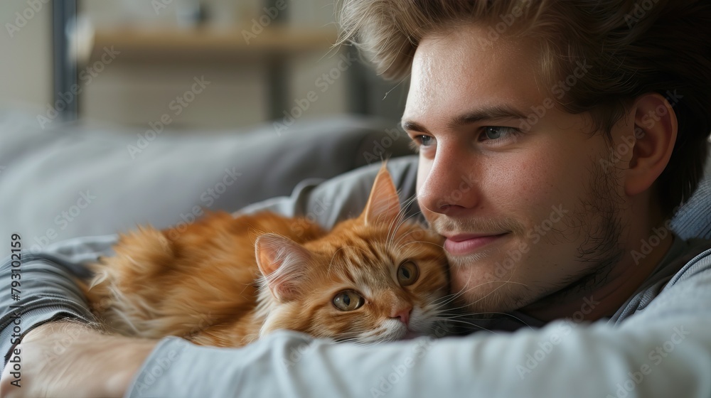 Young Man with Tabby Cat: Home Relaxation with Pet Young Man with Tabby Cat: Home Relaxation with Pet