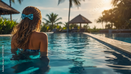 Beautiful girl in the pool summer