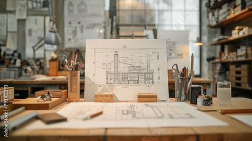 An architect's desk with blueprints and drafting tools. photo