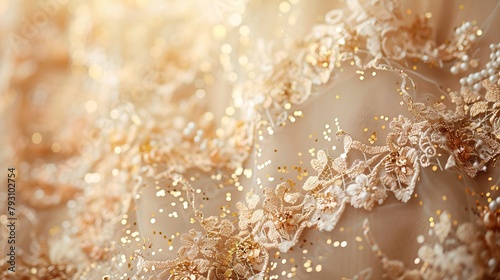 A cascade of golden confetti dances around an ornate, ivory lace border, set against a backdrop of soft champagne hues