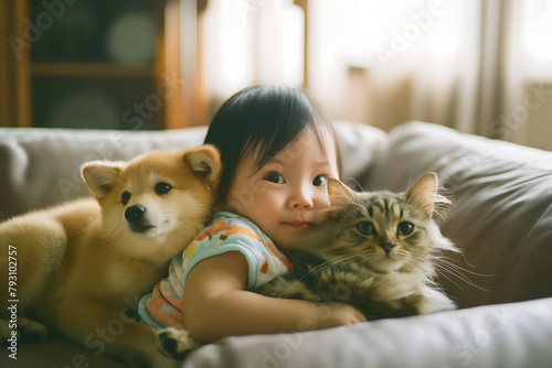 Cute baby toddler peacefully sleeping protected by domestic cat and dog at home apartment.
