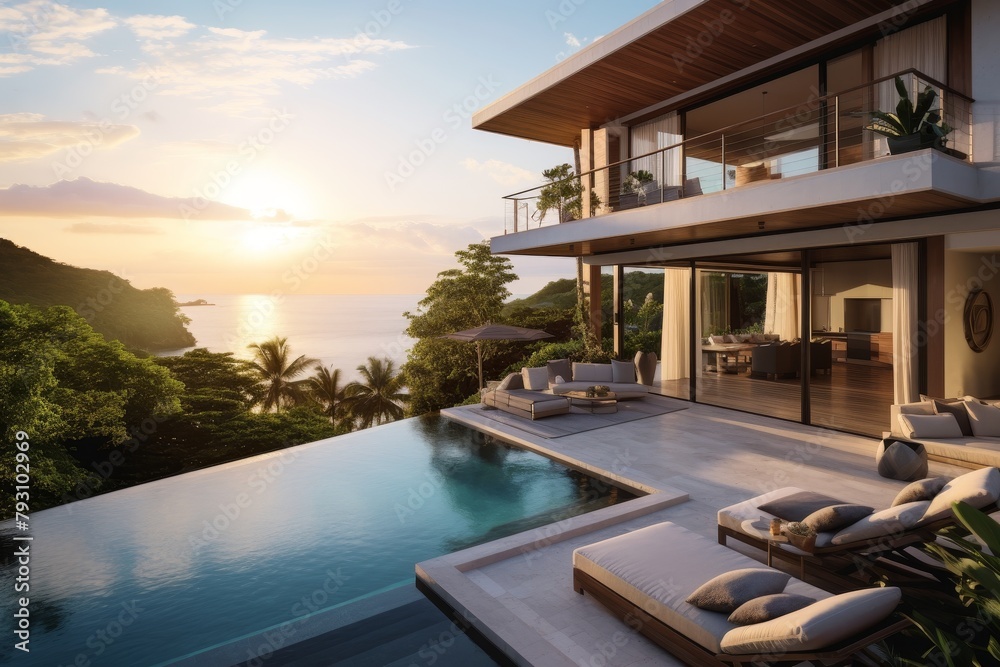 A Luxurious Tropical Villa Nestled Amidst Lush Greenery, Featuring a Stunning Infinity Pool Overlooking the Azure Ocean