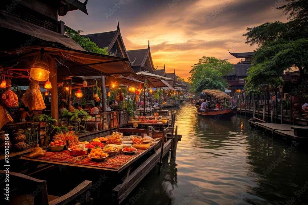 A Vibrant Floating Market Stall on a Serene River, Illuminated by the Warm Glow of a Setting Sun in Southeast Asia
